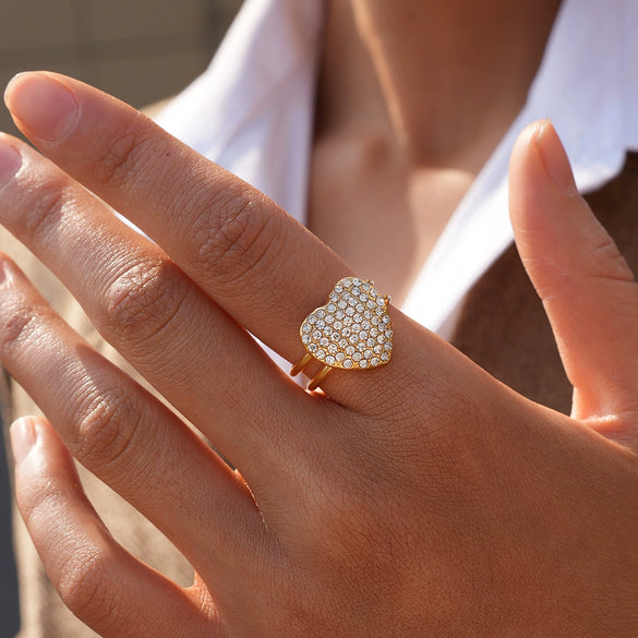 Women's Stainless Steel Heart Ring Geometric Open Adjustable Band With Full Rhinestone Inlay Pvd Gold Plated Fashion Jewelry