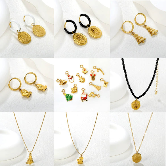 Women's Stainless Steel Heart Water Drop And Bell Pendant Necklace And Earrings Set With Electroplated Geometric Design