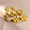 Women's Stainless Steel Heartshaped Golden Exaggerated Stud Earrings With Petals Textured And Electroplating Design