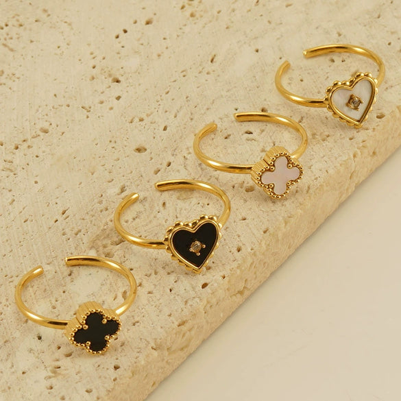 Women's 316L Stainless Steel Heartshaped Open Ring With Fourleaf Clover Pattern And Electroplating