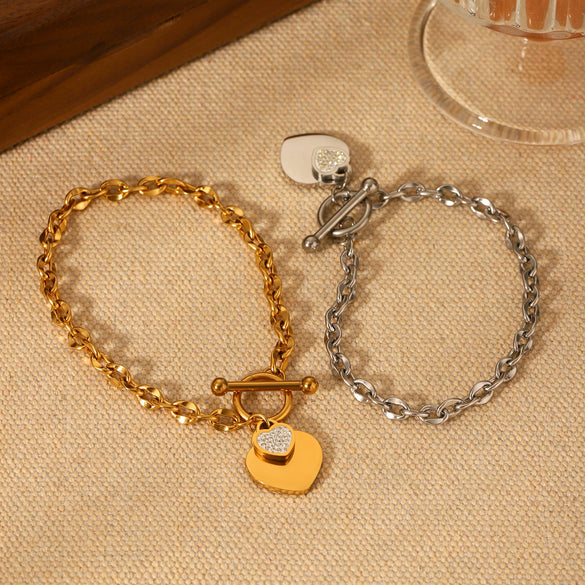 Women's Stainless Steel Heartshaped Ot Buckle Pendant Bracelet With Geometric Pattern And Electroplating