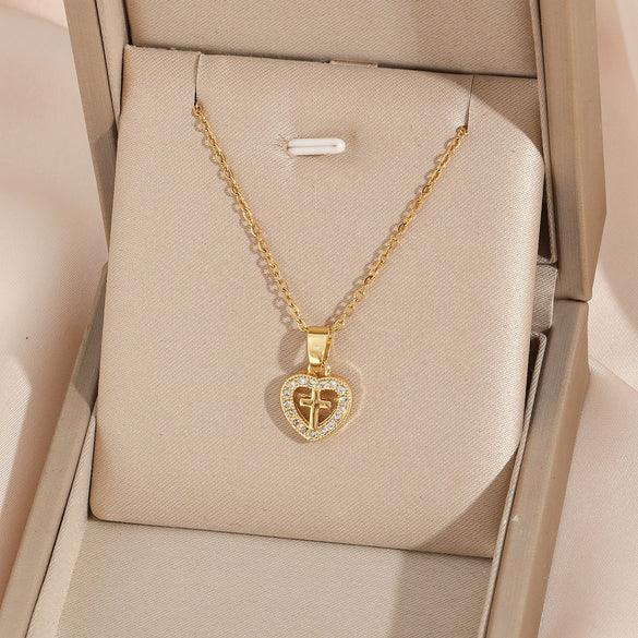Women's Stainless Steel Heartshaped Religious Pendant Necklace With Mixed Gemstone Setting And Electroplating
