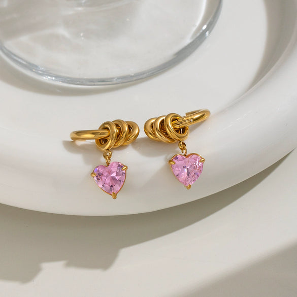 Women's Stainless Steel Heartshaped Zircon Earrings With Pvd Vacuum Gold Plating Elegant Fashion Jewelry