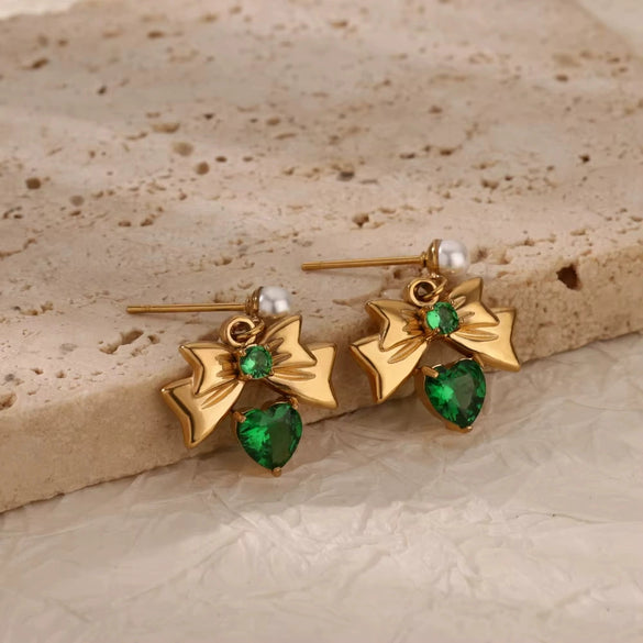 Women's Stainless Steel Heartshaped Zircon Pearl Bow Geometric Earrings