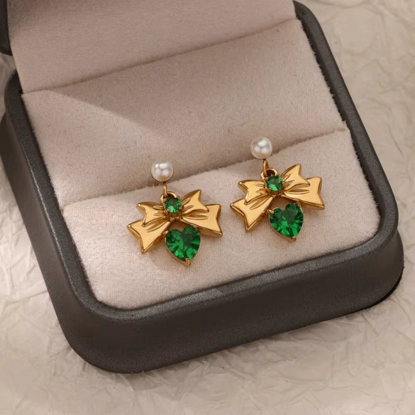 Women's Stainless Steel Heartshaped Zircon Pearl Bow Geometric Earrings