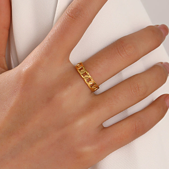 Women's Stainless Steel Hip Hop Opening Adjustable Ring With Geometric Design And Real Gold Electroplated