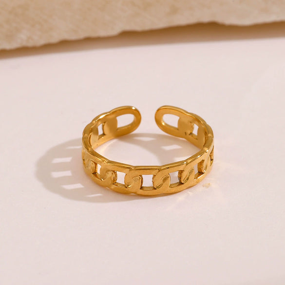 Women's Stainless Steel Hip Hop Opening Adjustable Ring With Geometric Design And Real Gold Electroplated
