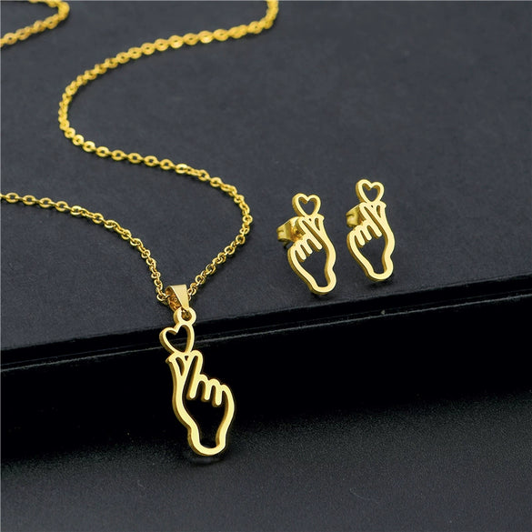 Women's Stainless Steel Hollow Hand Gesture Heart Necklace And Earring Set Electroplated Geometric Clavicle Chain Jewelry