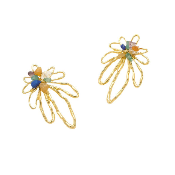 Women's Stainless Steel Hollow Petals Inlaid With Colorful Natural Stone Retro Electroplated Earrings