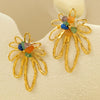Women's Stainless Steel Hollow Petals Inlaid With Colorful Natural Stone Retro Electroplated Earrings
