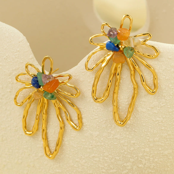Women's Stainless Steel Hollow Petals Inlaid With Colorful Natural Stone Retro Electroplated Earrings