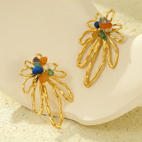 Women's Stainless Steel Hollow Petals Inlaid With Colorful Natural Stone Retro Electroplated Earrings