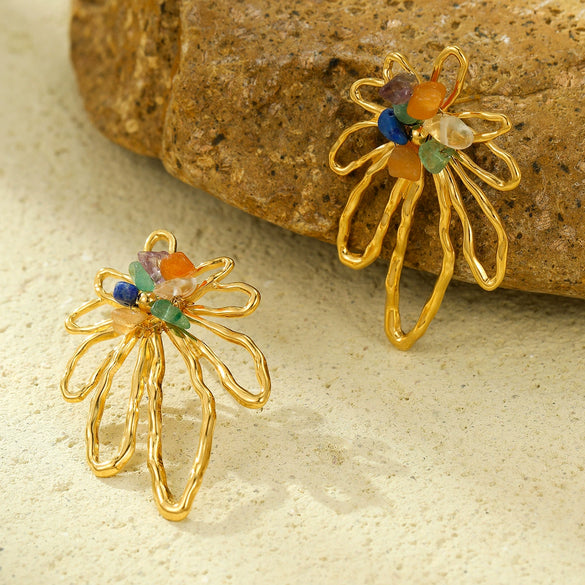 Women's Stainless Steel Hollow Petals Inlaid With Colorful Natural Stone Retro Electroplated Earrings