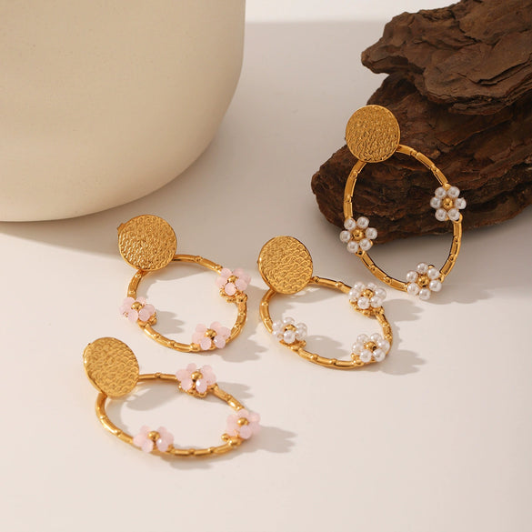 Women's Stainless Steel Hoop Earrings Inlaid With Flower Geometric Retro Electroplated
