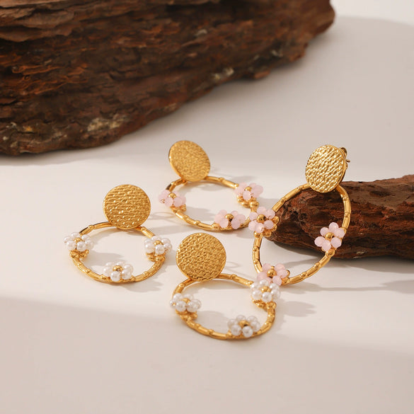 Women's Stainless Steel Hoop Earrings Inlaid With Flower Geometric Retro Electroplated