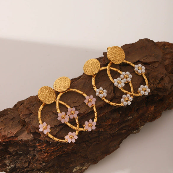 Women's Stainless Steel Hoop Earrings Inlaid With Flower Geometric Retro Electroplated