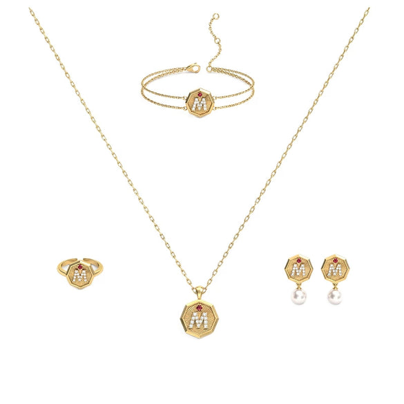 Women's Stainless Steel Jewelry Set With Doublelayer Bracelet Necklace Pearl Earrings And Rhinestone Letter Pendant Electroplated Geometric Design