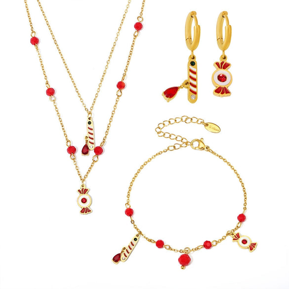Women's Stainless Steel Jewelry Set With Doublelayer Necklace Bracelet And Asymmetric Earrings Electroplated Light Luxury Accessories