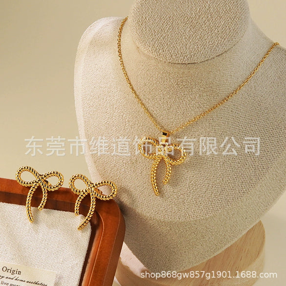 Women's Stainless Steel Jewelry Set With Flower Peach Heart Bow Earrings And Necklace Butterfly Dragonfly Insect Pattern Electroplated