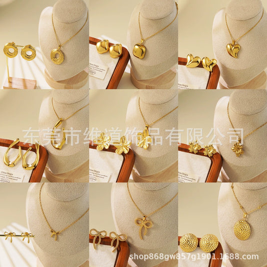 Women's Stainless Steel Jewelry Set With Flower Peach Heart Bow Earrings And Necklace Butterfly Dragonfly Insect Pattern Electroplated