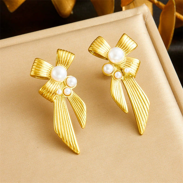 Women's Stainless Steel Jewelry Set With Pearl Bow Fireworks Design And Electroplating Treatment
