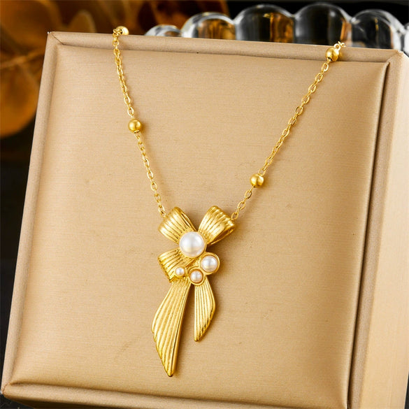 Women's Stainless Steel Jewelry Set With Pearl Bow Fireworks Design And Electroplating Treatment