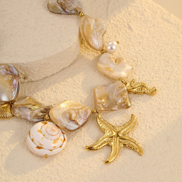 Women's Stainless Steel 18K Electroplated Clavicle Chain Necklace With Irregular Shell Conch Starfish Pendant In Vacation Style