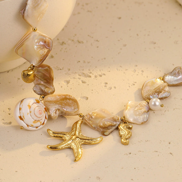 Women's Stainless Steel 18K Electroplated Clavicle Chain Necklace With Irregular Shell Conch Starfish Pendant In Vacation Style