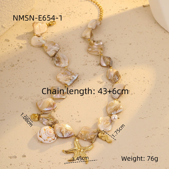 Women's Stainless Steel 18K Electroplated Clavicle Chain Necklace With Irregular Shell Conch Starfish Pendant In Vacation Style