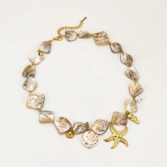 Women's Stainless Steel 18K Electroplated Clavicle Chain Necklace With Irregular Shell Conch Starfish Pendant In Vacation Style