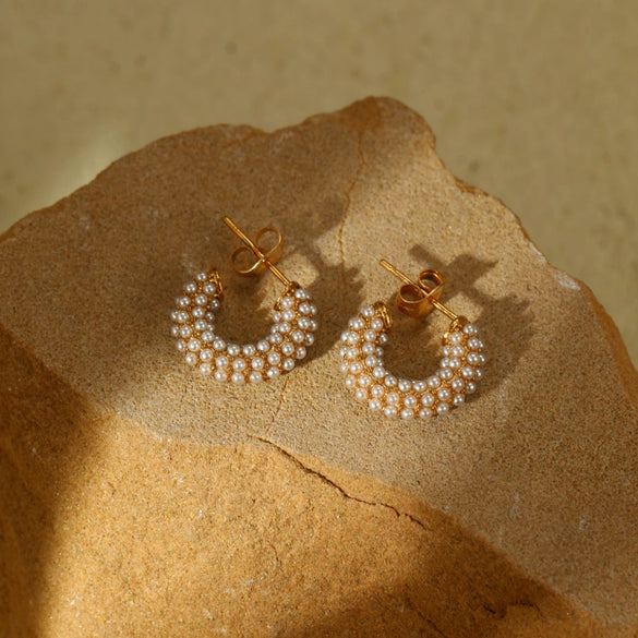 Women's Stainless Steel 18K Electroplated Cshaped Colorful Full Diamond And Pearl Zircon Earrings Light Luxury Style