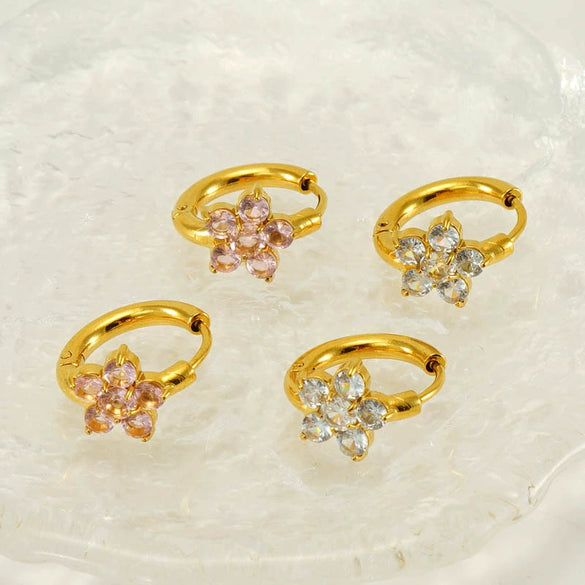 Women's 316L Stainless Steel 18K Gold Plated Flower Zircon Inlaid Earrings