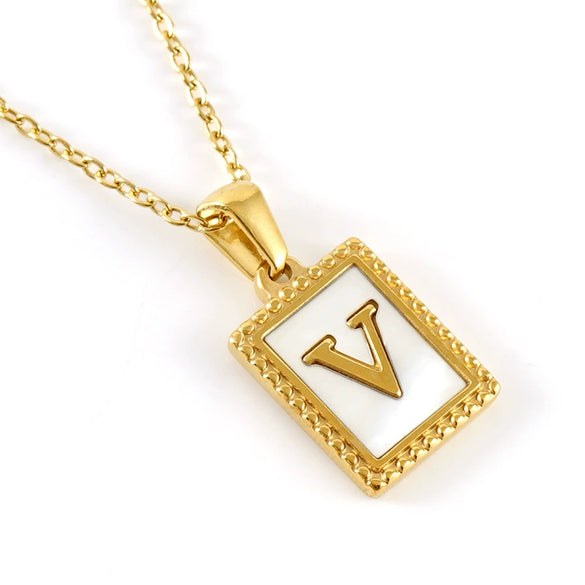 Women's 316L Stainless Steel 18K Gold Plated Letter Pendant Necklace With Natural Shell Inlay And Electroplating