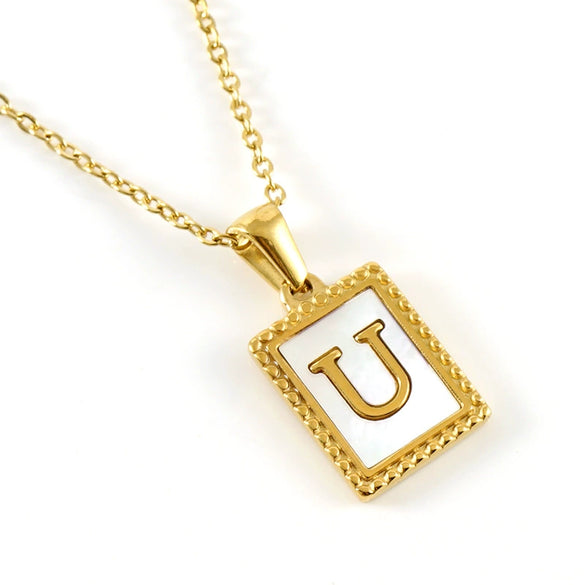 Women's 316L Stainless Steel 18K Gold Plated Letter Pendant Necklace With Natural Shell Inlay And Electroplating