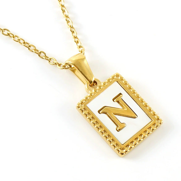 Women's 316L Stainless Steel 18K Gold Plated Letter Pendant Necklace With Natural Shell Inlay And Electroplating