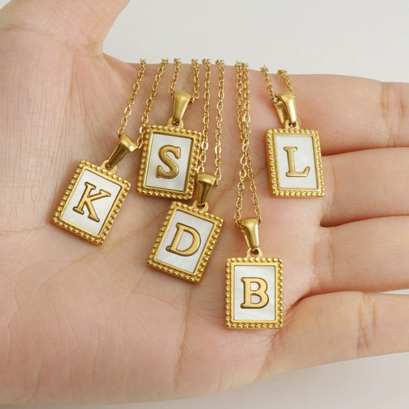 Women's 316L Stainless Steel 18K Gold Plated Letter Pendant Necklace With Natural Shell Inlay And Electroplating