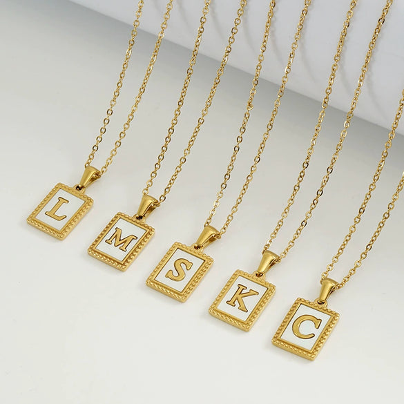 Women's 316L Stainless Steel 18K Gold Plated Letter Pendant Necklace With Natural Shell Inlay And Electroplating