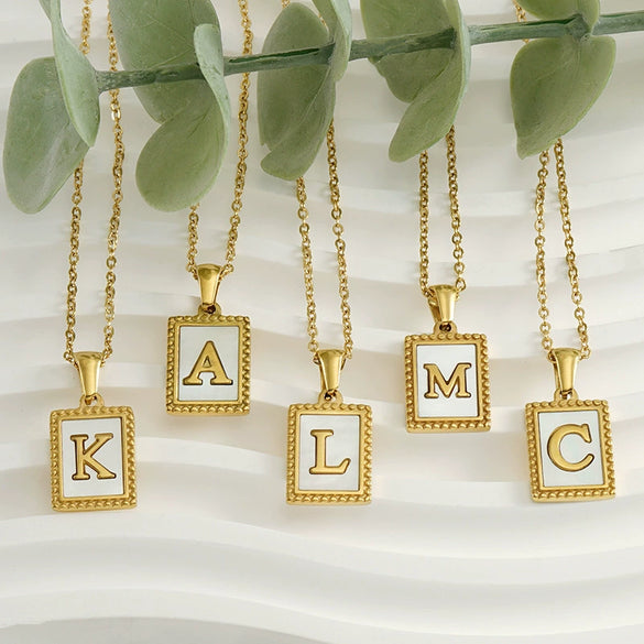 Women's 316L Stainless Steel 18K Gold Plated Letter Pendant Necklace With Natural Shell Inlay And Electroplating