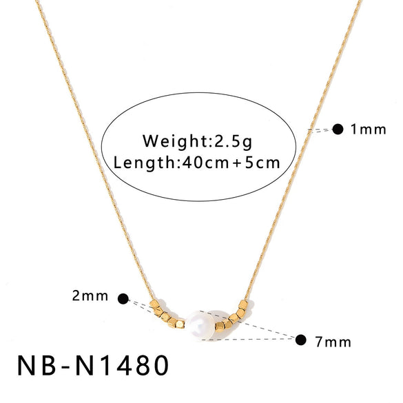 Women's Stainless Steel 18K Gold Plated Necklace With Natural Pearl Small Square Geometric Pendant And Regular Clavicle Chain