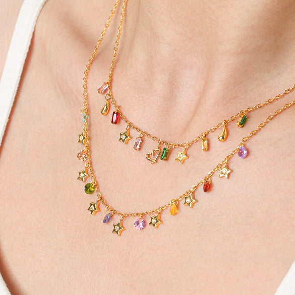 Women's Stainless Steel Layered Tassel Necklace With Rhinestone Star And Heart Pendants Pvd Real Gold Plated Geometric Jewelry