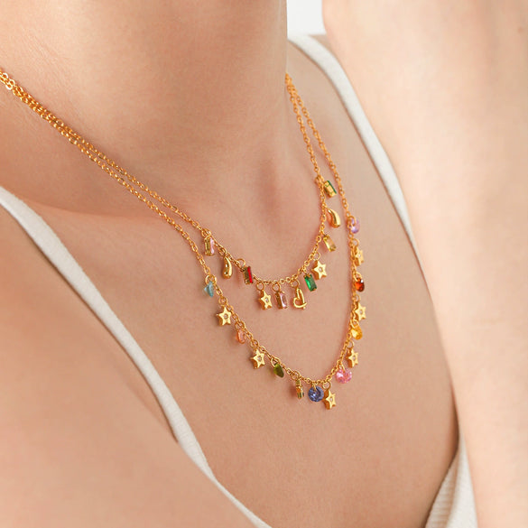 Women's Stainless Steel Layered Tassel Necklace With Rhinestone Star And Heart Pendants Pvd Real Gold Plated Geometric Jewelry