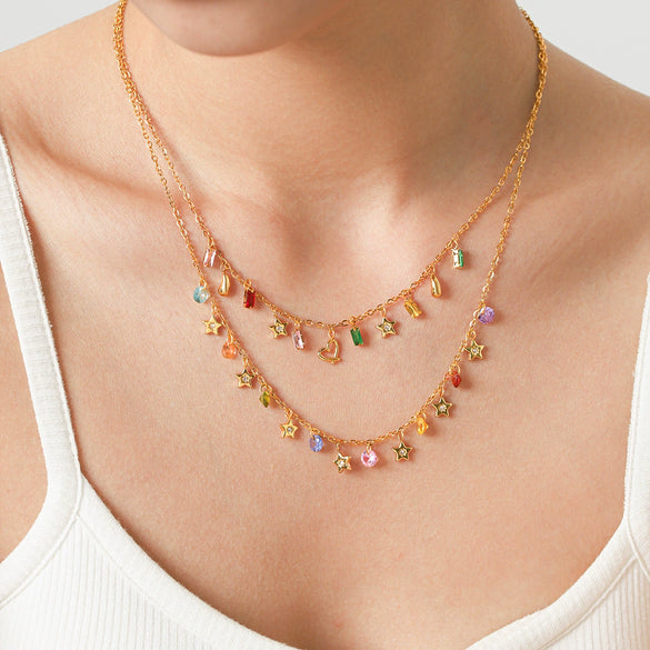Women's Stainless Steel Layered Tassel Necklace With Rhinestone Star And Heart Pendants Pvd Real Gold Plated Geometric Jewelry