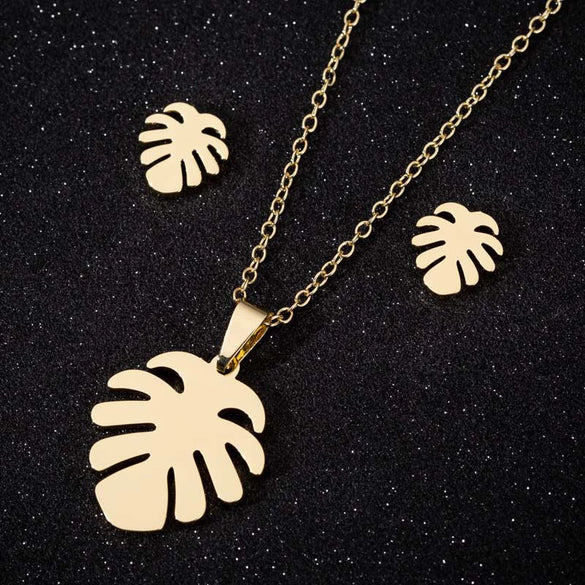 Women's Stainless Steel Leaf Earrings And Necklace Set With Electroplated Botanical Design Natural Fashion Jewelry