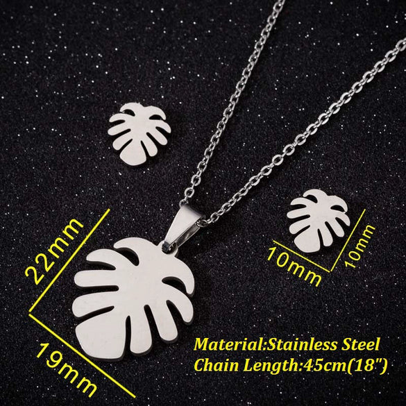 Women's Stainless Steel Leaf Earrings And Necklace Set With Electroplated Botanical Design Natural Fashion Jewelry