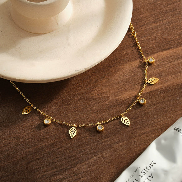 Women's Stainless Steel Leaf Pattern Geometric Bracelet With Rhinestones And Vacuum Plated Finish