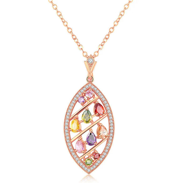 Women's Stainless Steel Leaf Pendant Necklace With Colorful Zircon And Plant Flower Pattern