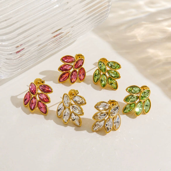 Women's Stainless Steel Leaf Shaped Earrings Inlaid With Colorful Zircon Polished And Vacuum Furnace Treated