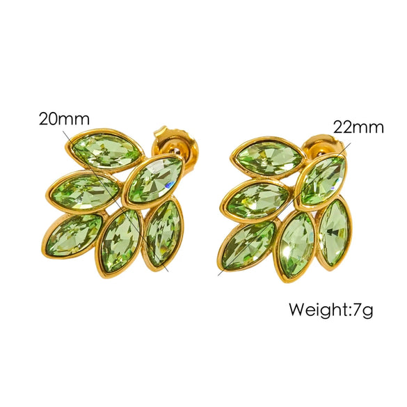 Women's Stainless Steel Leaf Shaped Earrings Inlaid With Colorful Zircon Polished And Vacuum Furnace Treated