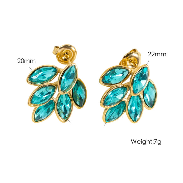 Women's Stainless Steel Leaf Shaped Earrings Inlaid With Colorful Zircon Polished And Vacuum Furnace Treated