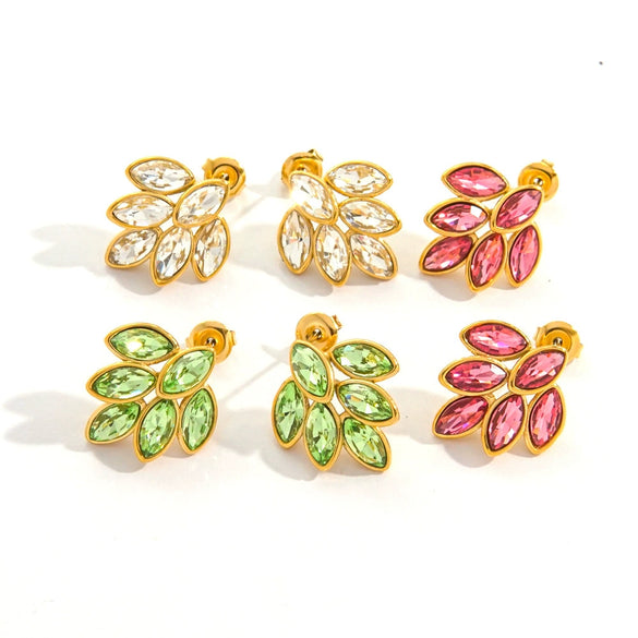 Women's Stainless Steel Leaf Shaped Earrings Inlaid With Colorful Zircon Polished And Vacuum Furnace Treated